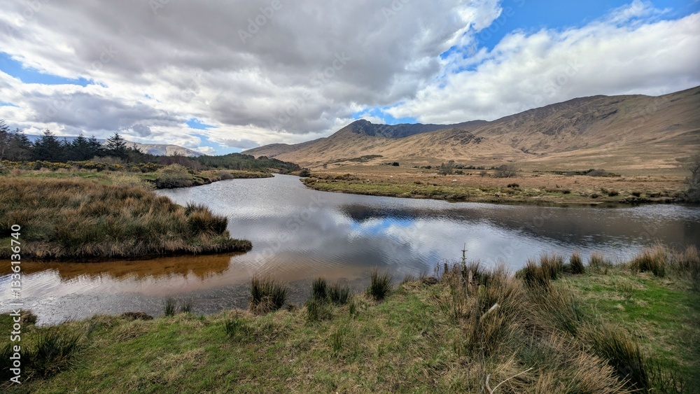 Beautiful landscape scenery, river Erriff surrounded by mountains near Aesleagh falls, county Mayo, Ireland, nature background