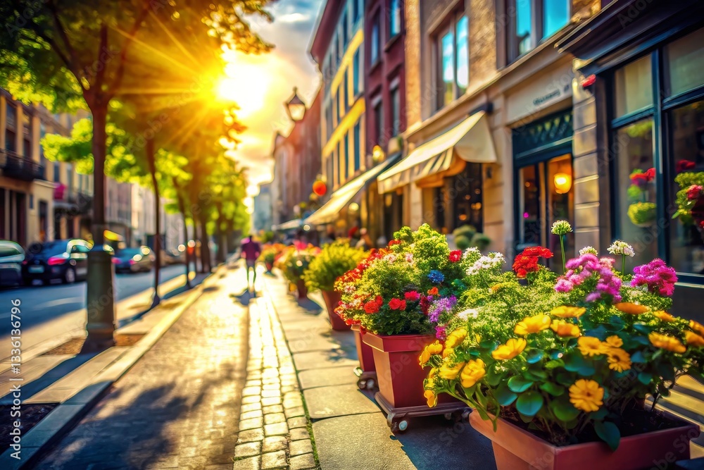 Fototapeta premium Sunny Street Scene with Flower Pots