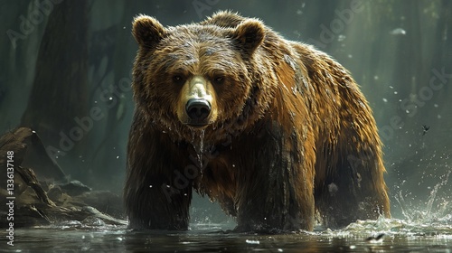 Majestic brown bear in forest, water, sunlight. Wildlife photography for nature documentaries