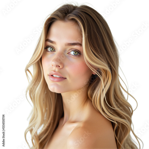 Beauty woman blonde hairstyle perfect skin, fashion cosmetics makeup portrait isolated on transparent background.