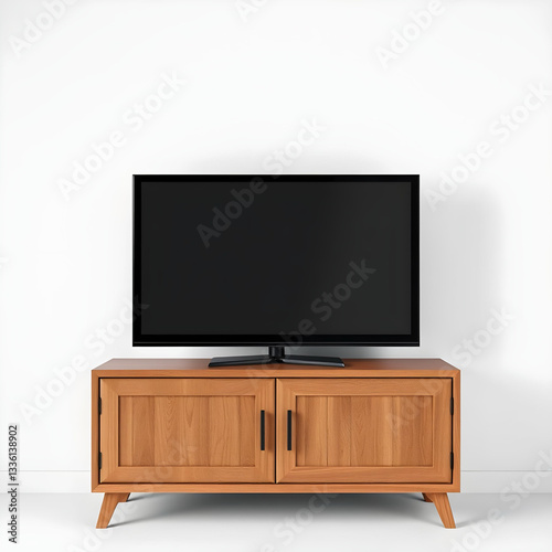 Blank TV on  a wooden cabinet isolated on a white background