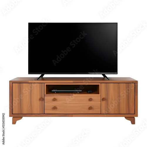 Blank TV on a wooden television cabinet