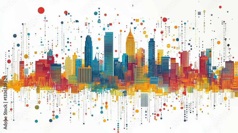 Colorful Abstract Urban Skyline with Geometric Elements and Bright Circles in Modern Style Colorful Abstract Urban Skyline with Geometric Elements and Bright Circles in Modern Style
