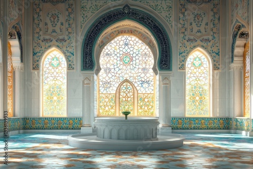 A mosque-themed Ramadan banner  with intricate designs and a spiritual atmosphere.