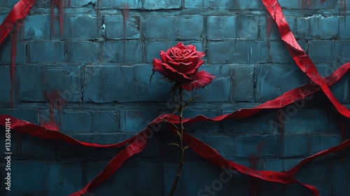 Red rose, brick wall, ribbons, grunge background; romance, mystery