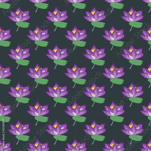 seamless floral damask pattern design created a digital graphic style it showcases purple lotus green stamens and leaves arranged in a repetitive use in fabric wallpaper background textile