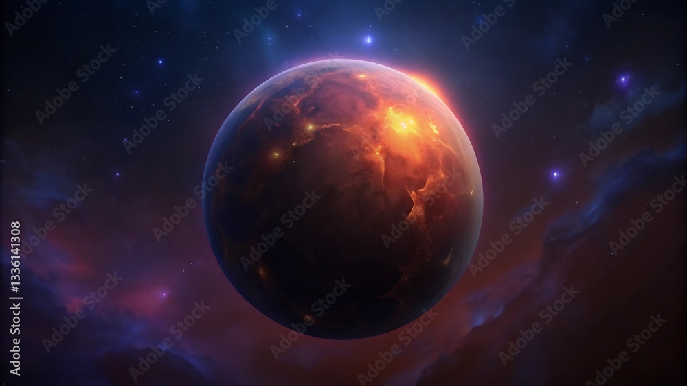 Fototapeta premium Space background with red planet Ai generated image, moon glowing in the dark night sky with stars and clouds background for space, galaxy, astronomy concept