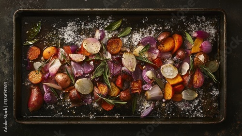Rustic tray of roasted root vegetables with rosemary and sea salt crystals
