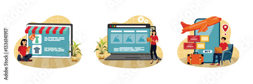 E-commerce platform concept. Online Website Builder. Ticketing software Concept.