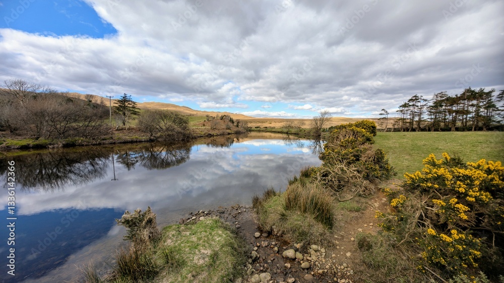 Beautiful landscape scenery, river Erriff surrounded by mountains near Aesleagh falls, county Mayo, Ireland, nature background