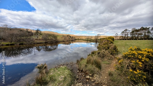 Obraz na płótnie Beautiful landscape scenery, river Erriff surrounded by mountains near Aesleagh falls, county Mayo, Ireland, nature background w salonie
