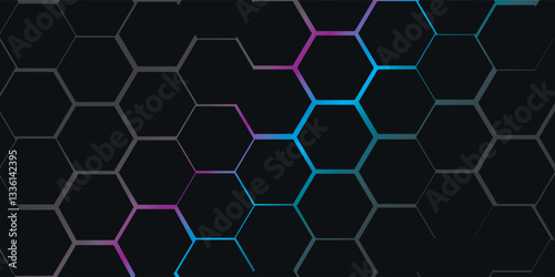 Abstract technology background of dark hexagons with bright flashes of blue and pink under the hexagons.vector illustration