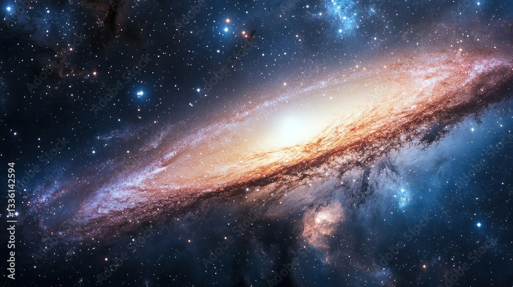 Fototapeta premium Vibrant spiral galaxy shining with celestial light and cosmic dust trails