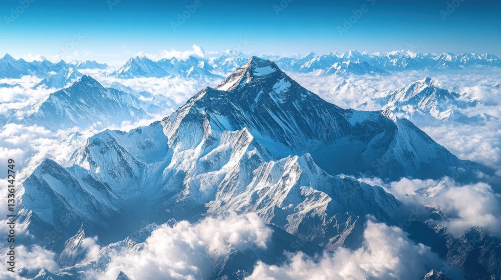 Majestic panoramic aerial view of snow-capped Mount Everest, mountain range Majestic panoramic aerial view of snow-capped Mount Everest, mountain range
