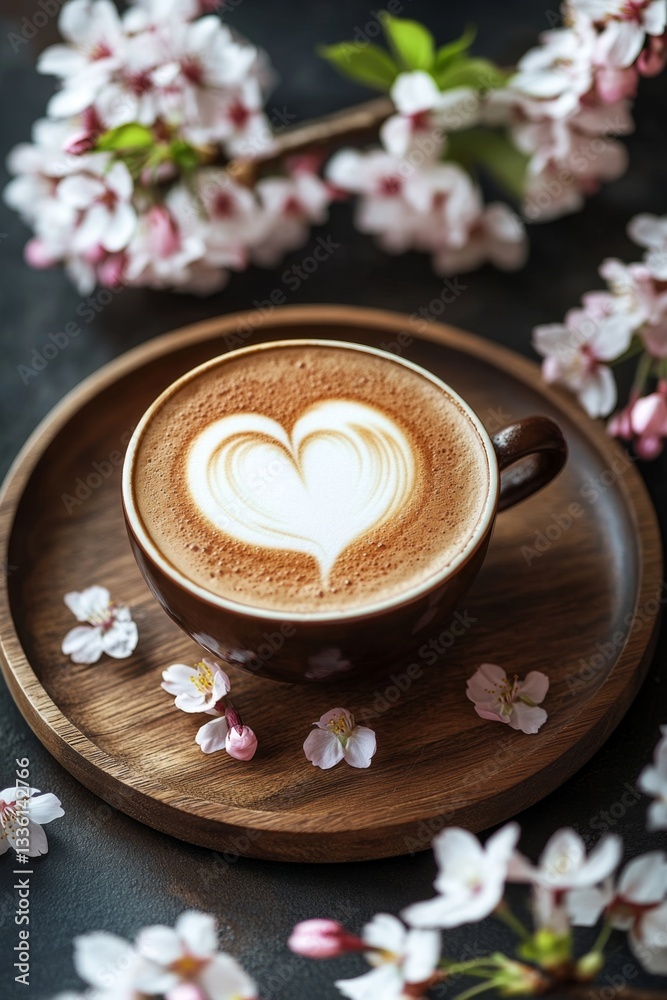 Springtime latte art, heart design on a wooden tray, surrounded by cherry blossoms Springtime latte art, heart design on a wooden tray, surrounded by cherry blossoms