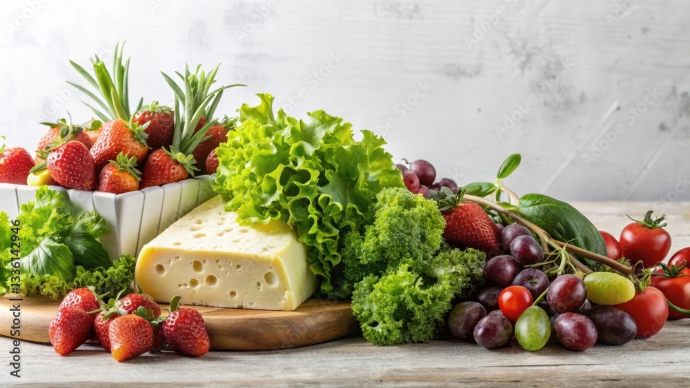 A vibrant still life featuring a selection of fresh produce and cheese on a rustic wooden surface A vibrant still life featuring a selection of fresh produce and cheese on a rustic wooden surface