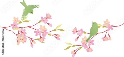 桜の枝に止まる小鳥のイラスト