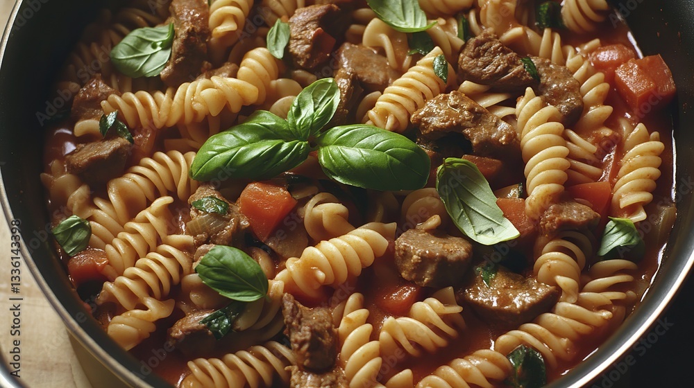 Chef’s gourmet beef and mushroom pasta in a pan, topped with meatballs and sausages, captivating food presentation, ideal for food advertisement or magazine spreads. Chef’s gourmet beef and mushroom pasta in a pan, topped with meatballs and sausages, captivating food presentation, ideal for food advertisement or magazine spreads.