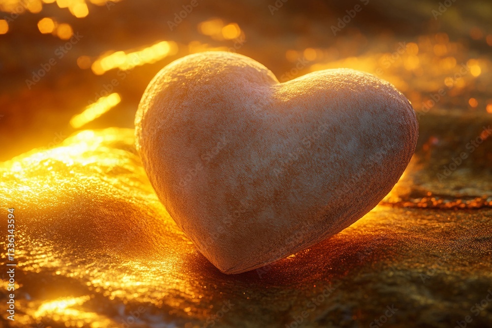Fototapeta premium Soft Velvet Heart Radiates Warmth in a Golden Sunset Glow. Generative AI