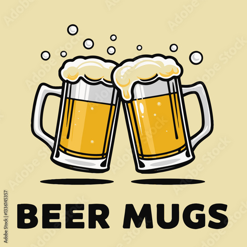 Illustrated Mugs with Foam and Bubbles - Ideal for Party Invitations and Drink-Related Graphics

