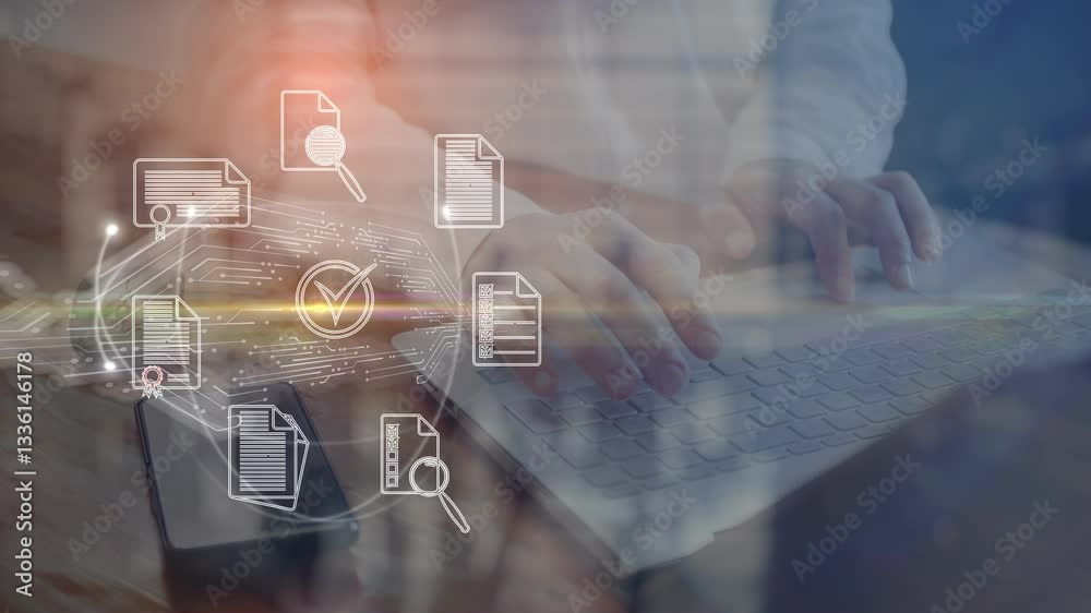 Concept of improving digital business document flow. Symbolic icons rotate against the background of a translucent silhouette of a person working on a laptop. Cg