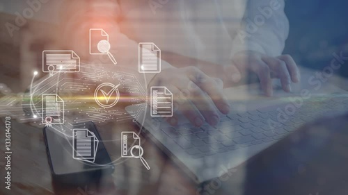 Concept of improving digital business document flow. Symbolic icons rotate against the background of a translucent silhouette of a person working on a laptop. Cg