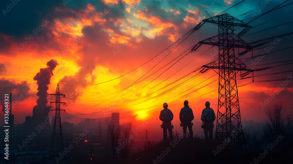 Fototapeta premium Industrial-themed lineman artwork showing team coordination on power grid maintenance