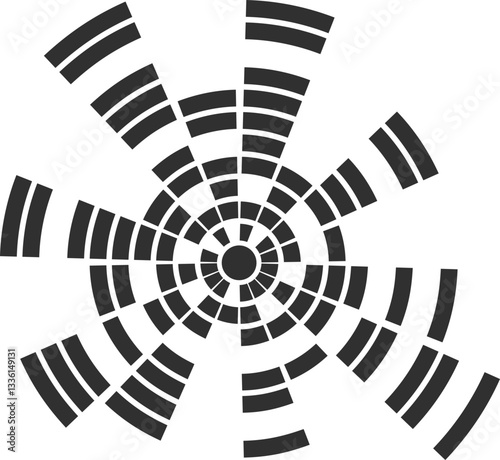 Circular sound wave. Radial music equalizer pattern. Circle spectrum graphic. Round abstract beat. Frequency voice effect.