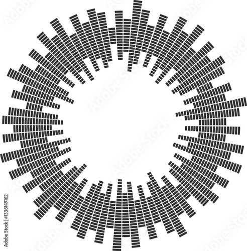 Circular sound wave. Radial music equalizer pattern. Circle spectrum graphic. Round abstract beat. Frequency voice effect.