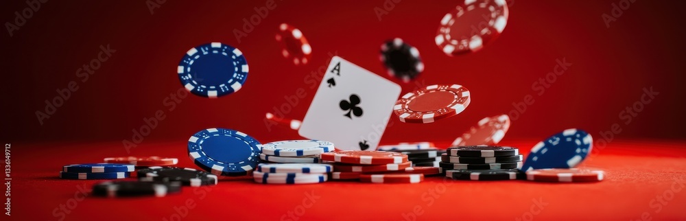 Obraz premium Falling poker chips and an ace of clubs on a vibrant red background.