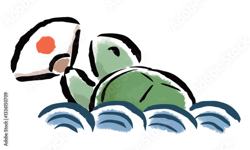 波間から顔を出し波から顔を出し扇子で祝う亀　筆タッチ手描きイラスト
