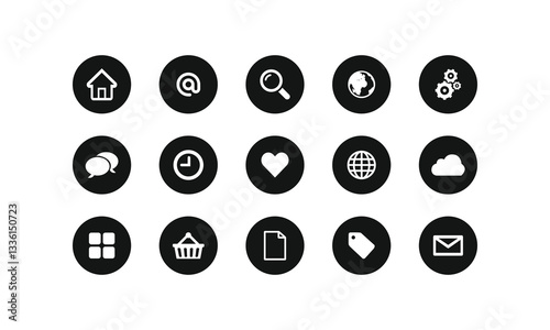 Web icon set. Home, location, call, at, email, address, globe, chat, message, mail, telephone, information, support, search, website, icon. Contact and web icons set. Website set icon vector.
