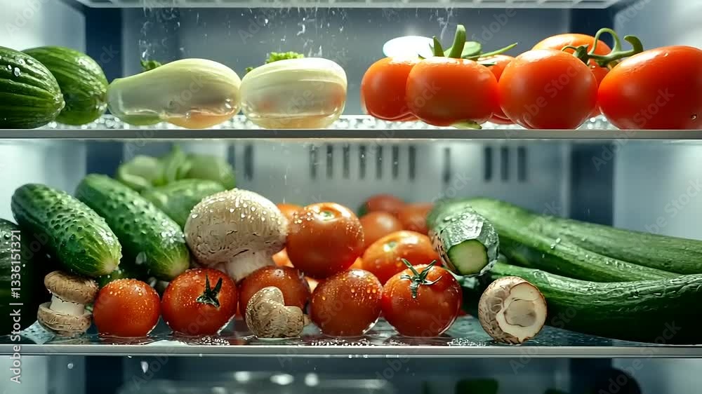 Fresh Vegetables in Refrigerator: Cucumbers, Tomatoes, and Mushrooms Fresh Vegetables in Refrigerator: Cucumbers, Tomatoes, and Mushrooms