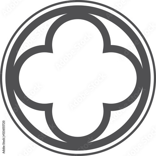 Gothic circle rose window with medieval ornament. Cathedral rosette. Christian architecture element with stained glass. Radial frame.