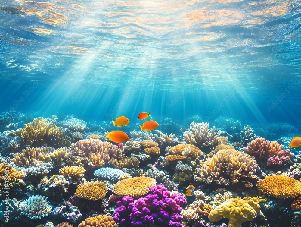 Naklejka premium Swimming Fish Above Coral Reef with Sun Rays Underwater Landscape