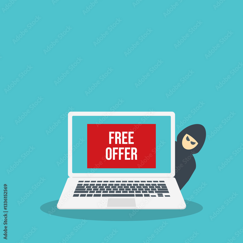 Hacker and free offer message banner on a laptop computer. Hacking concept. Hacker and free offer message banner on a laptop computer. Hacking concept.