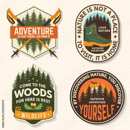 Set of logo, badge design with inspirational adventure quotes. Concept for shirt or logo, print, stamp or tee with oak leaf and acorns, hiking boot, pin forest, hiking poles. Vector illustration.