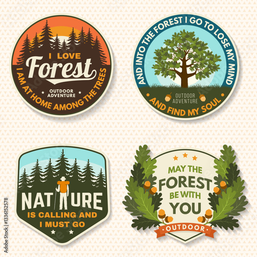Set of logo, badge design with inspirational adventure quotes. Concept for shirt or logo, print, stamp or tee with oak leaf and acorns, pin forest, hiker, hiking poles. Vector illustration.