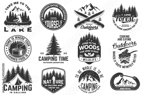 Set of logo, badge design with inspirational adventure quotes. Concept with oak leaf and acorns, pin forest, hiker, climber, matches stick, camping knives and mountain. Vector illustration.