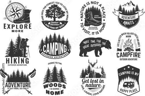 Set of logo, badge design with inspirational adventure quotes. Concept with oak and acorns, hiking boot, pin forest, hiker, campfire, hiking poles and mountain. Vector illustration.