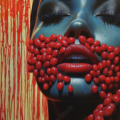 A surreal and dramatic portrait of a woman with deep blue skin, her face adorned with bold red beads and glossy red lips.