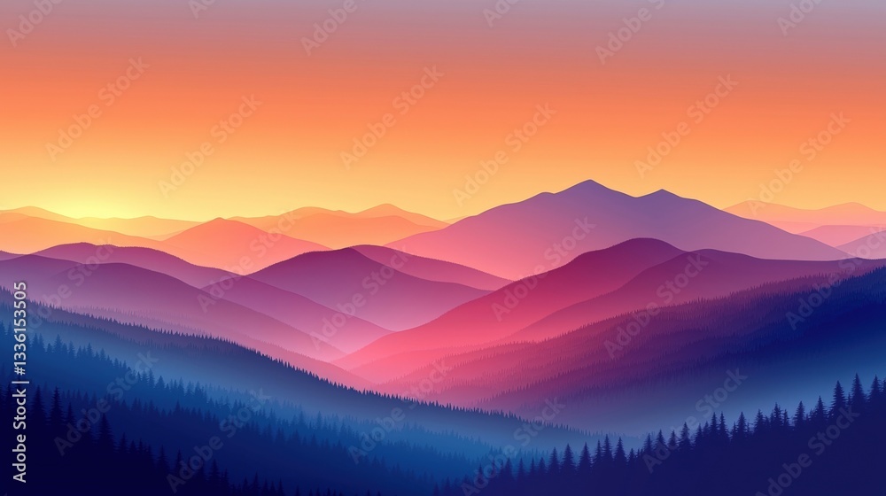 Obraz premium Serene Mountain Landscape at Sunrise with Colorful Sky and Layered Hills in the Background