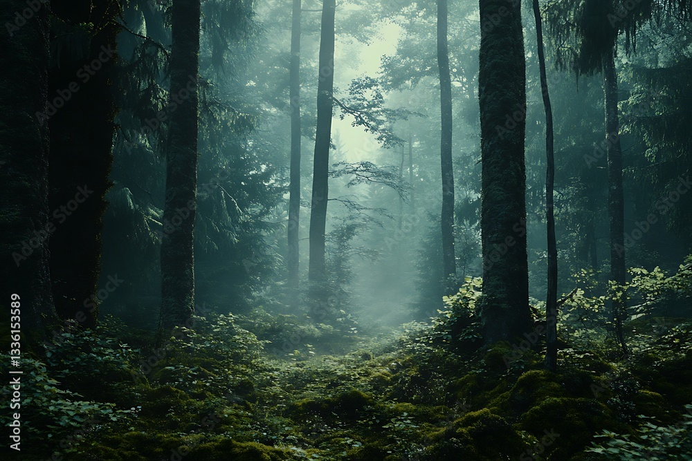 Obraz premium Misty Forest Path with Tall Trees and Lush Greenery in a Dreamy Landscape Ambiance