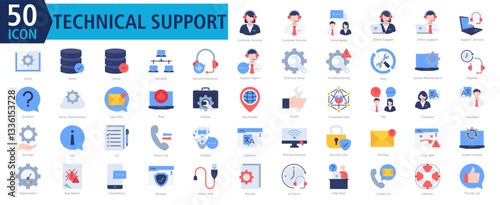 Technical Support Icon Set Lineal with Customer Services, Customer Services, Conversation, Online Support, Online Support, Support  Services, Guide, Server, Server, and Network