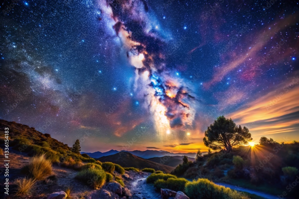 Naklejka premium Majestic Milky Way Over Mountain Landscape