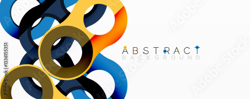 Abstract circle element composition with overlapping circular and tubular shapes featuring smooth gradients, transparency effects, and dynamic layering