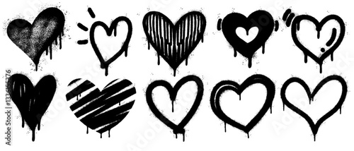 Set of graffiti spray paint heart icon. design elements for banner, flyer, street art, cards, poster, and ads.