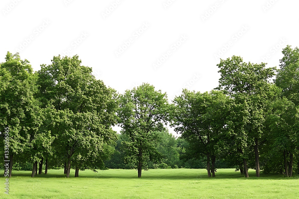 Serene Landscape with Lush Green Trees and Meadow on a Bright Day in Summer Season