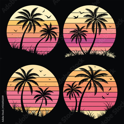 Retro Sunset Palm Trees Beach Tropical Circle Design