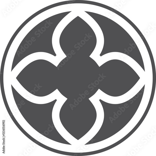 Gothic circle rose window with medieval ornament. Cathedral rosette. Christian architecture element with stained glass. Radial frame.